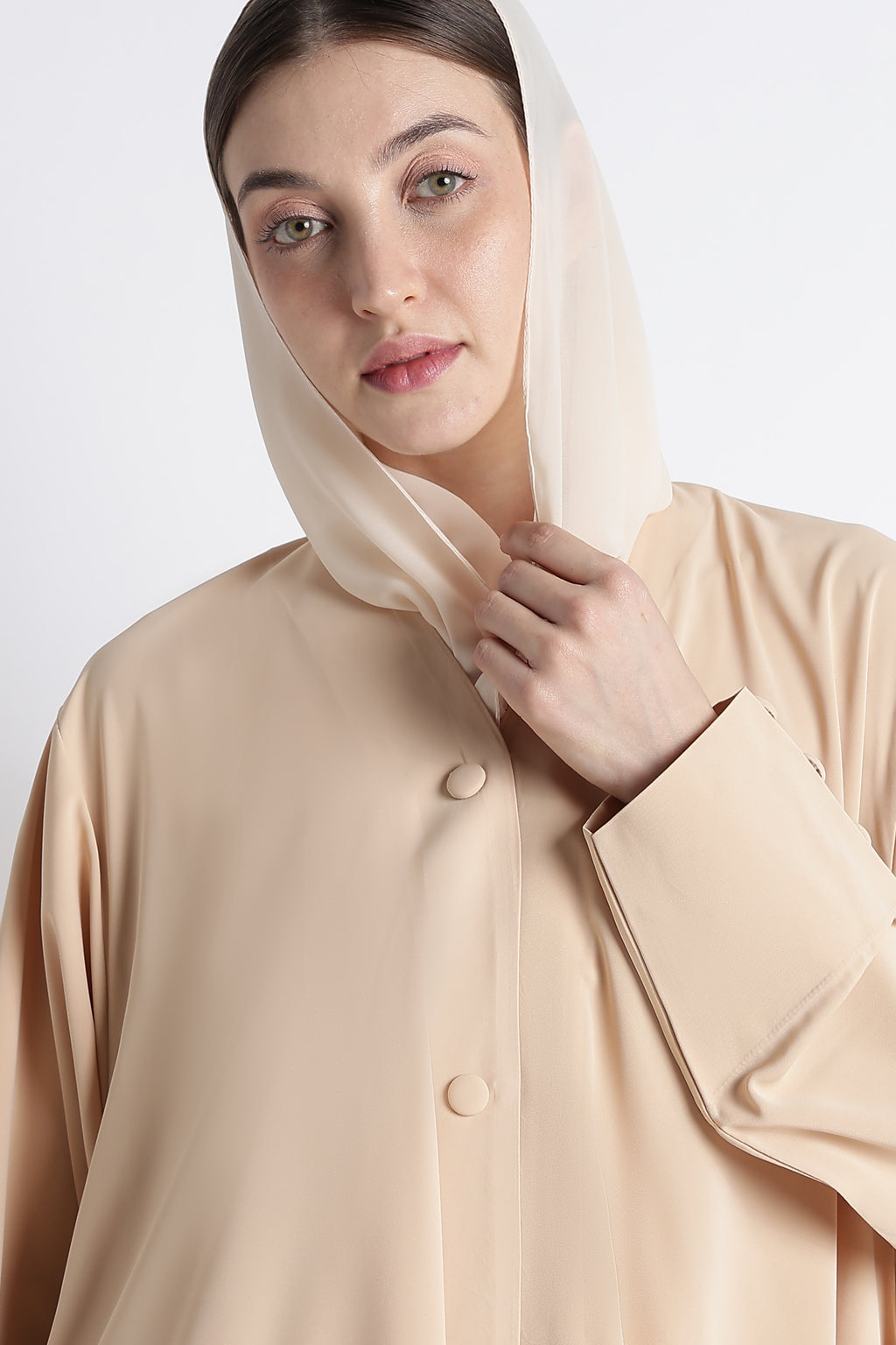 Beige Umbrella Abaya with Fabric Buttons – Premium Nida Elegant Flowy Abaya