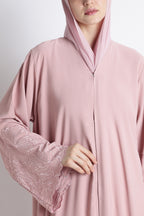 Blush Pink Self Embroidered Abaya with Cutwork Sleeves & Hem – Korean Nida Fabric