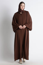 Chocolate Brown Round Collar Balloon Sleeves Buttoned Abaya – Premium Korean Nida