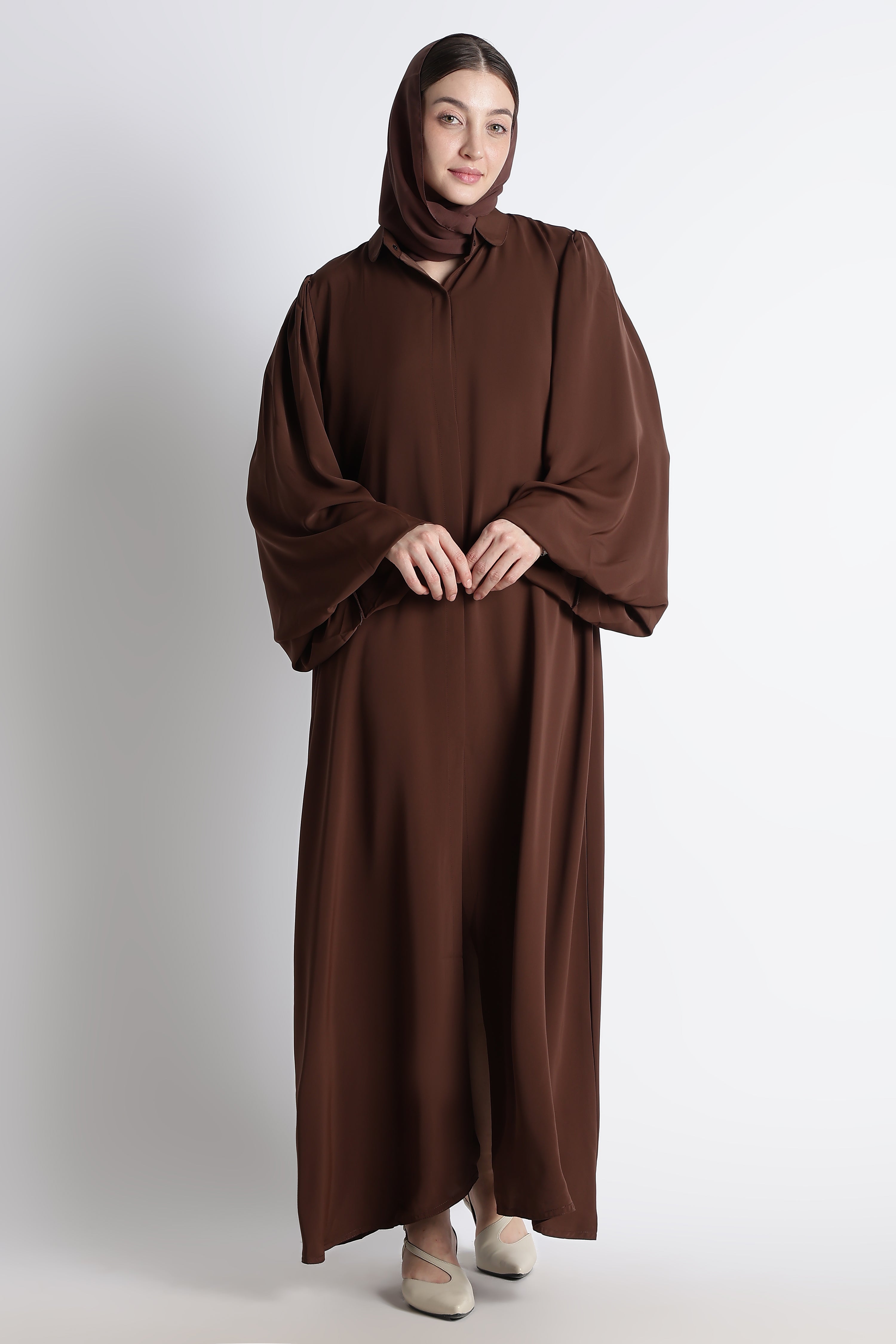 Chocolate Brown Round Collar Balloon Sleeves Buttoned Abaya – Premium Korean Nida
