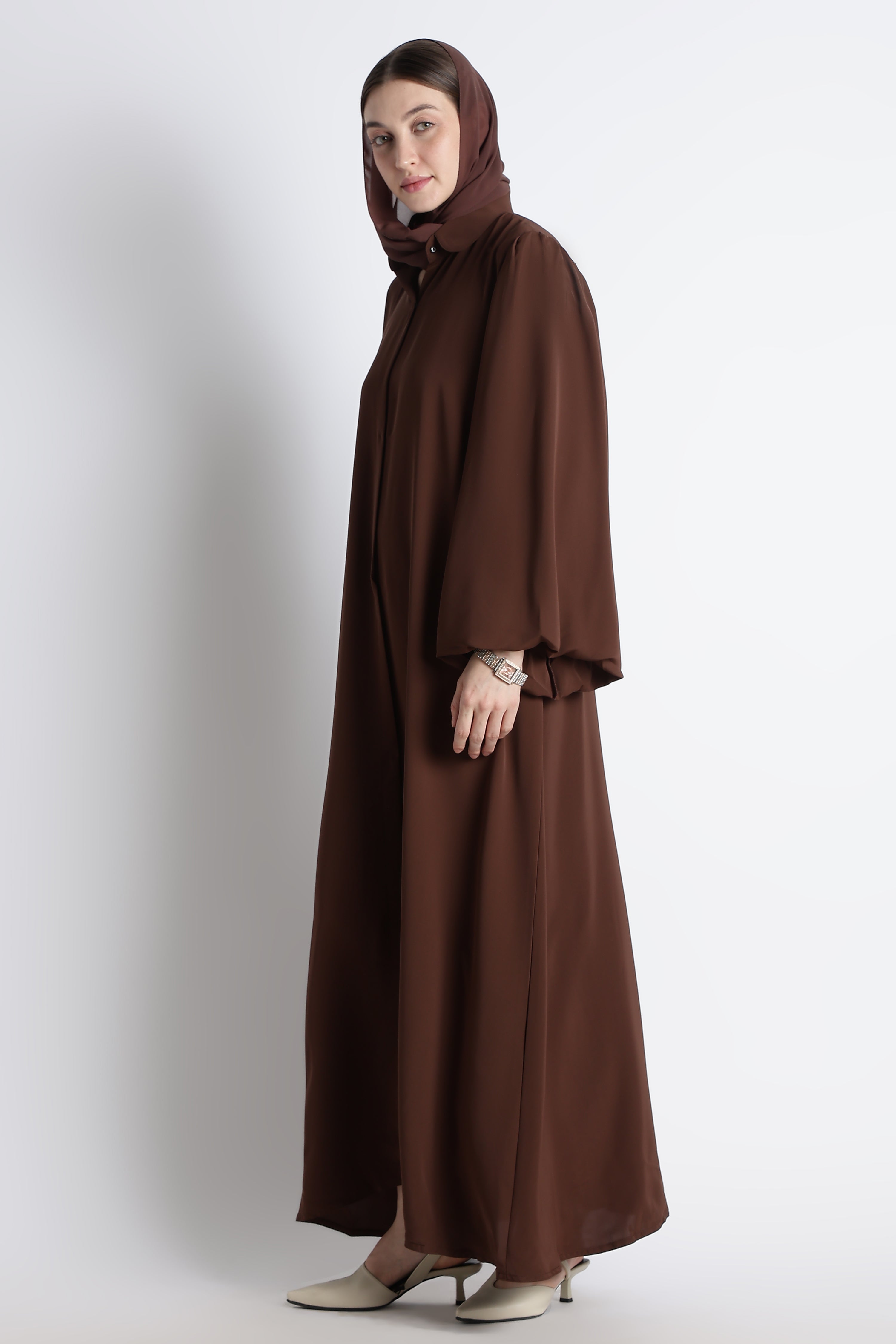 Chocolate Brown Round Collar Balloon Sleeves Buttoned Abaya – Premium Korean Nida
