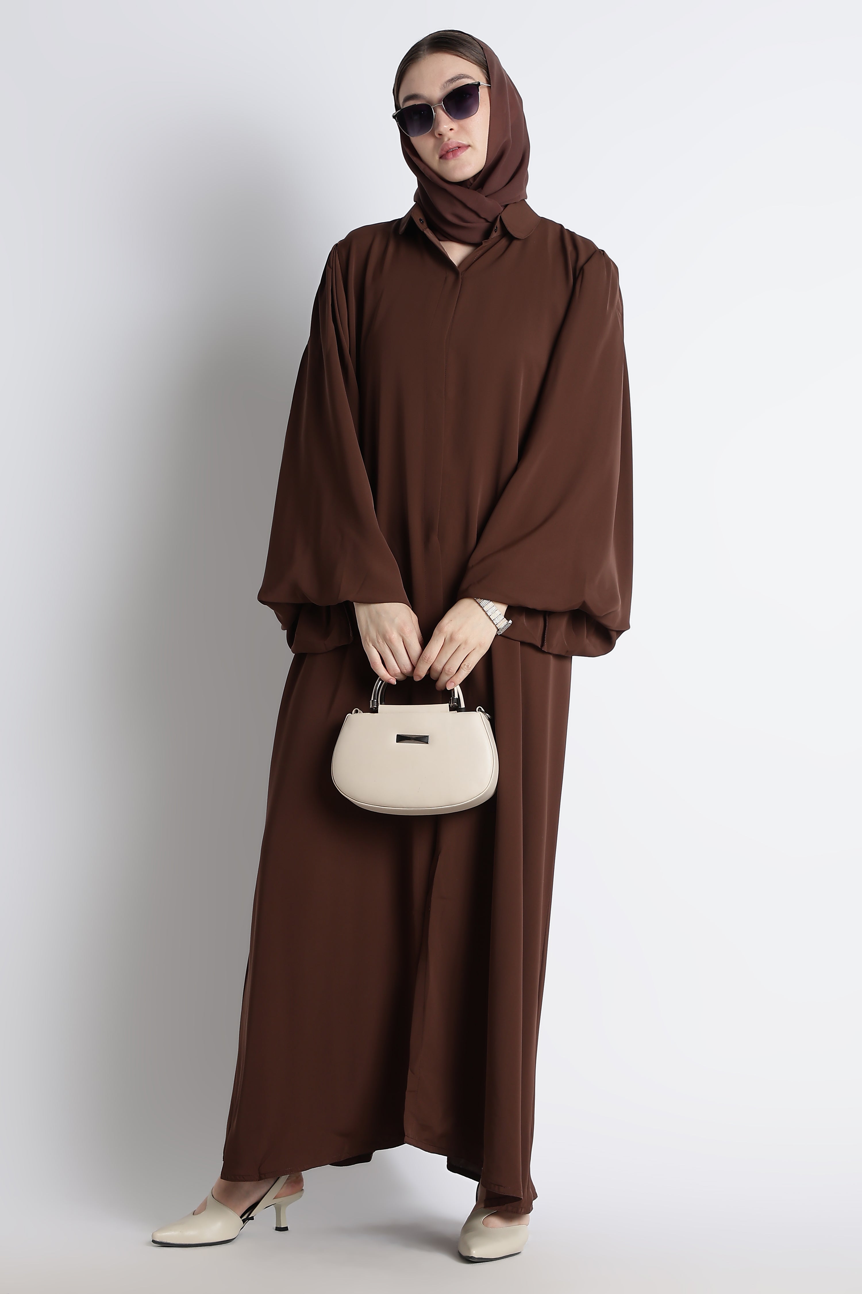 Chocolate Brown Round Collar Balloon Sleeves Buttoned Abaya – Premium Korean Nida Main image