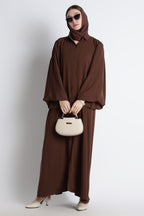 Chocolate Brown Round Collar Balloon Sleeves Buttoned Abaya – Premium Korean Nida