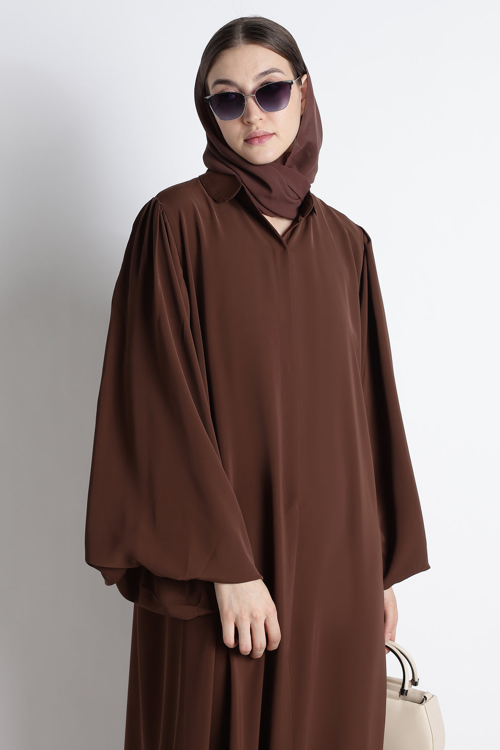 Chocolate Brown Round Collar Balloon Sleeves Buttoned Abaya – Premium Korean Nida