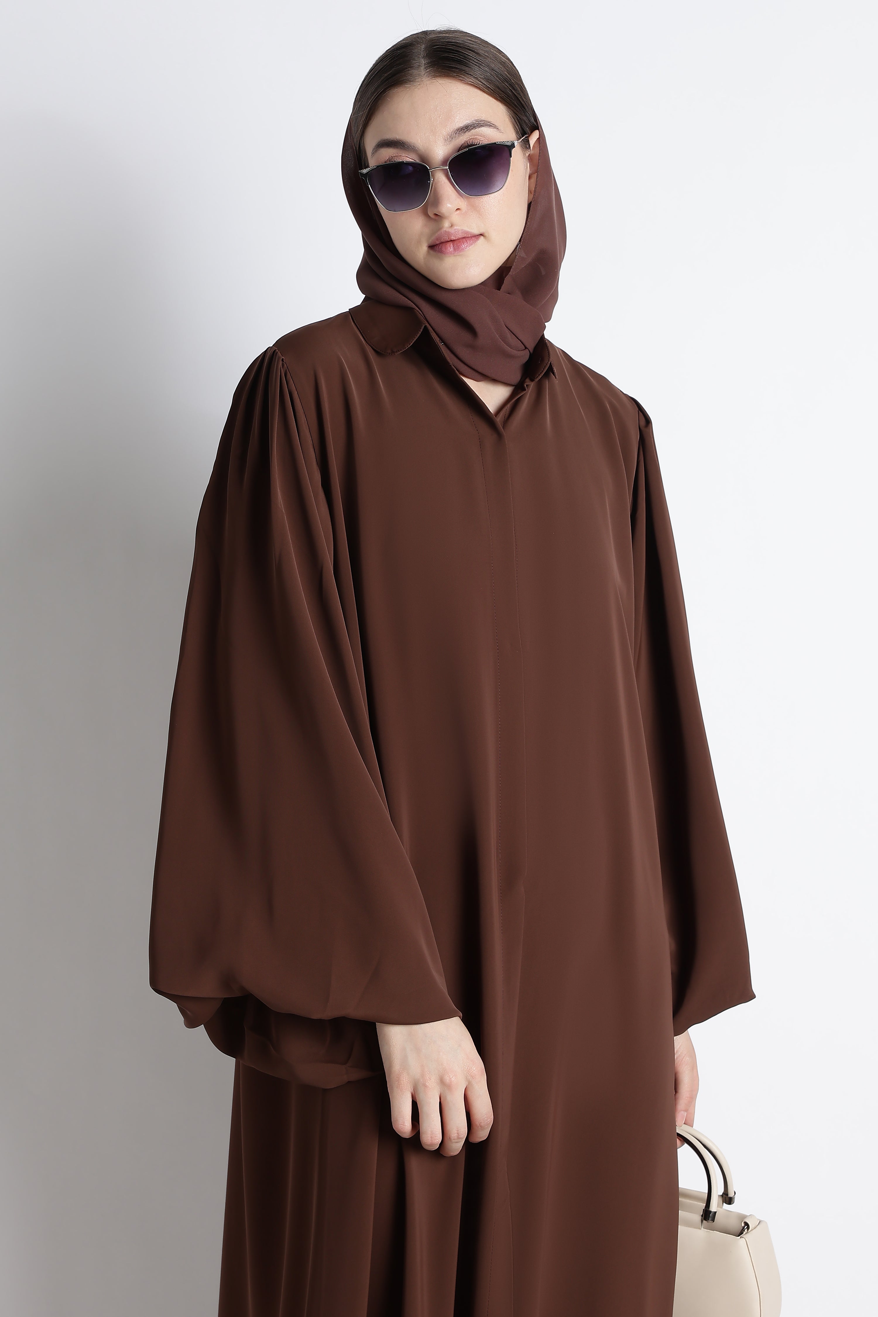 Chocolate Brown Round Collar Balloon Sleeves Buttoned Abaya – Premium Korean Nida