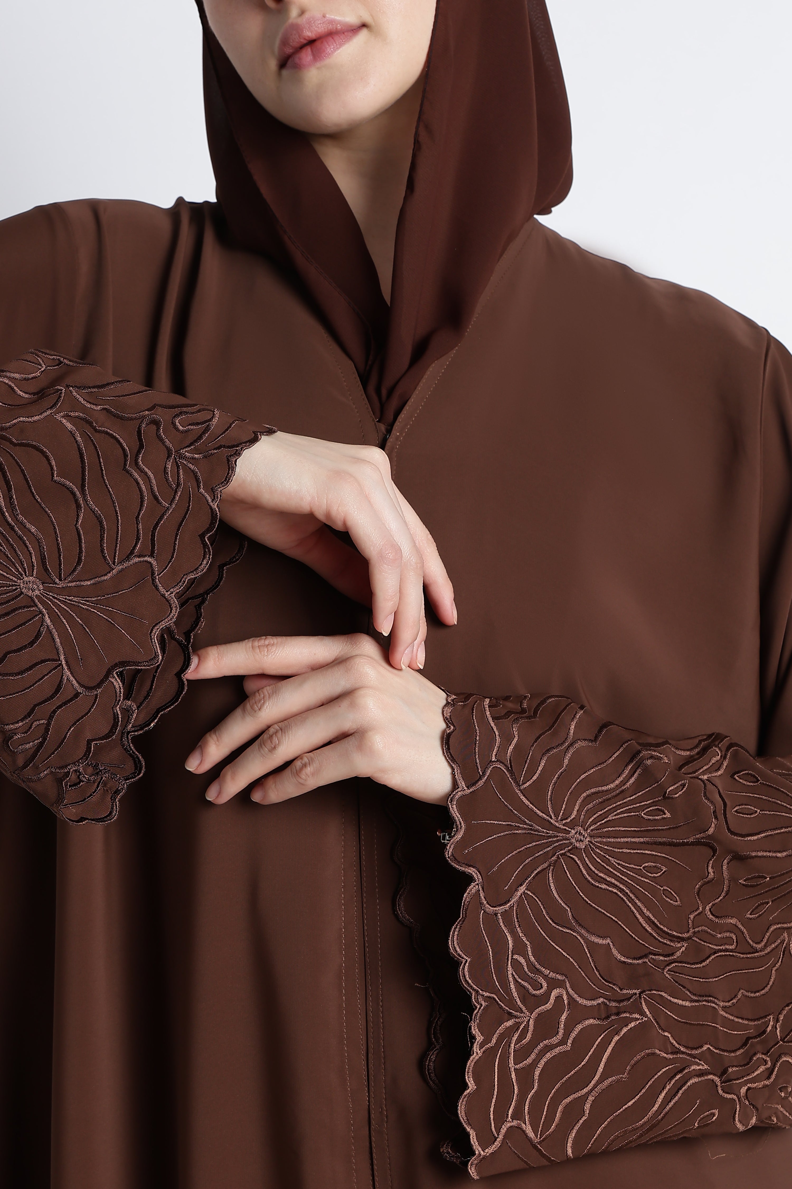 Chocolate Brown Self Embroidered Abaya with Cutwork Sleeves & Hem – Premium Korean Nida