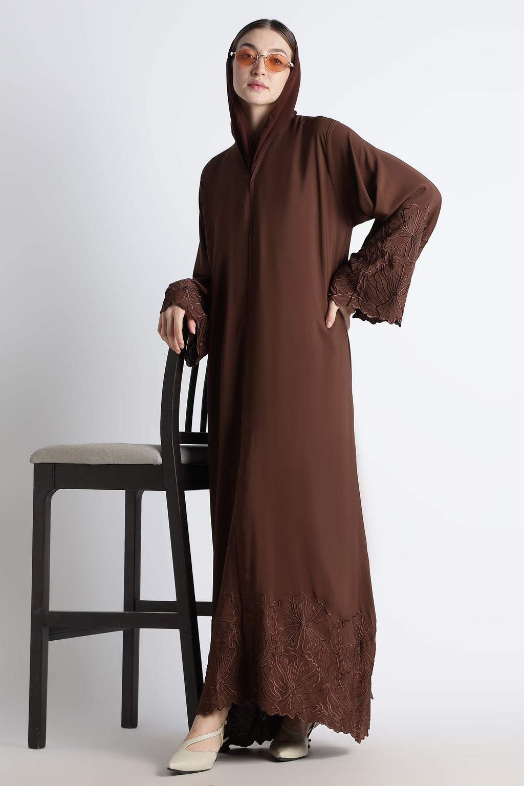 Chocolate Brown Self Embroidered Abaya with Cutwork Sleeves & Hem – Premium Korean Nida