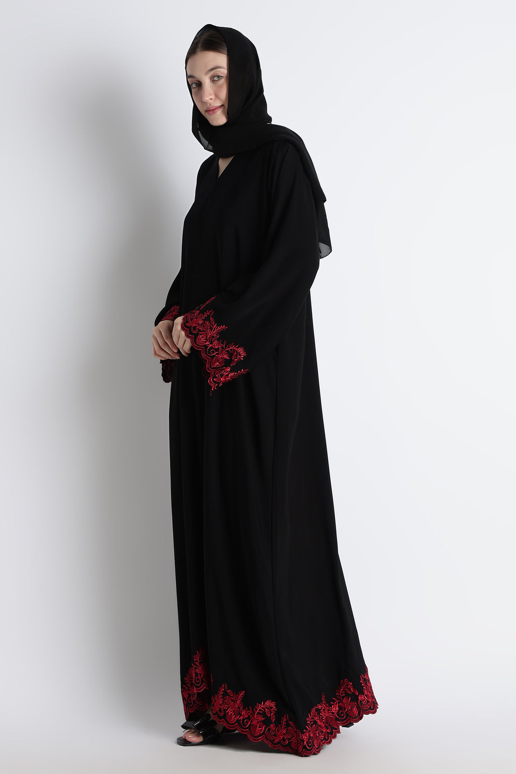 Black Abaya with Red Embroidery & Cutwork – Premium Korean Nida Elegant Abaya