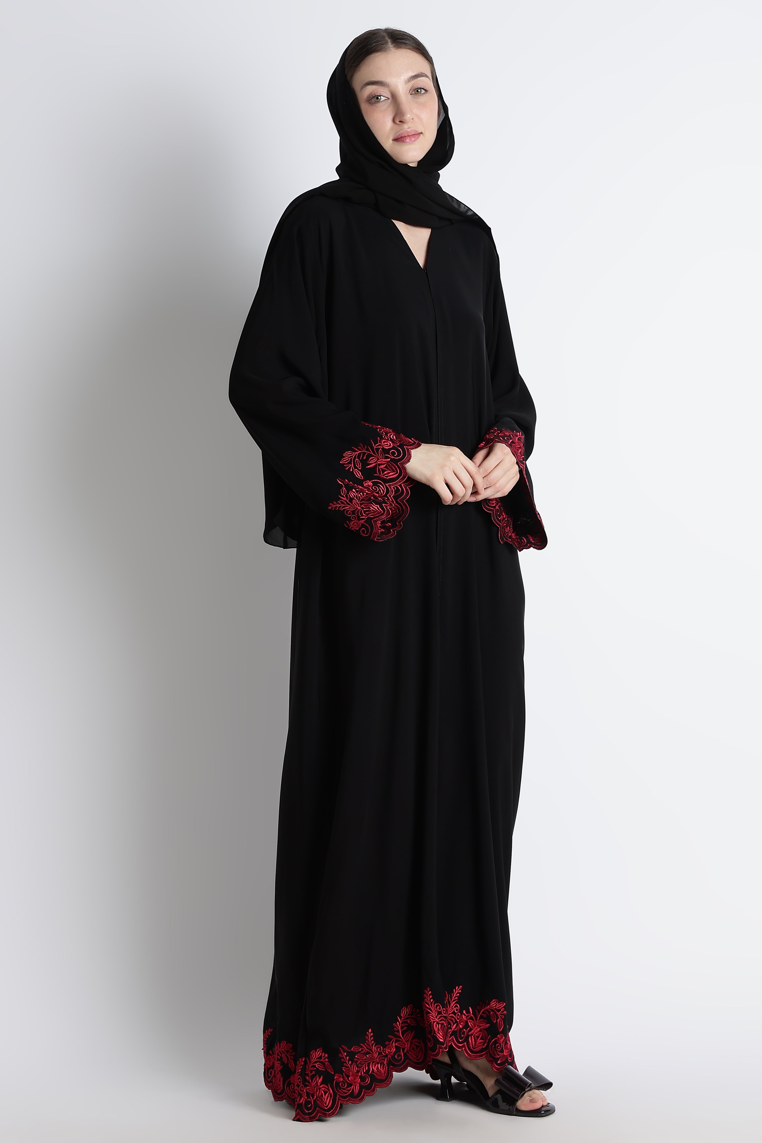 Black Abaya with Red Embroidery & Cutwork – Premium Korean Nida Elegant Abaya