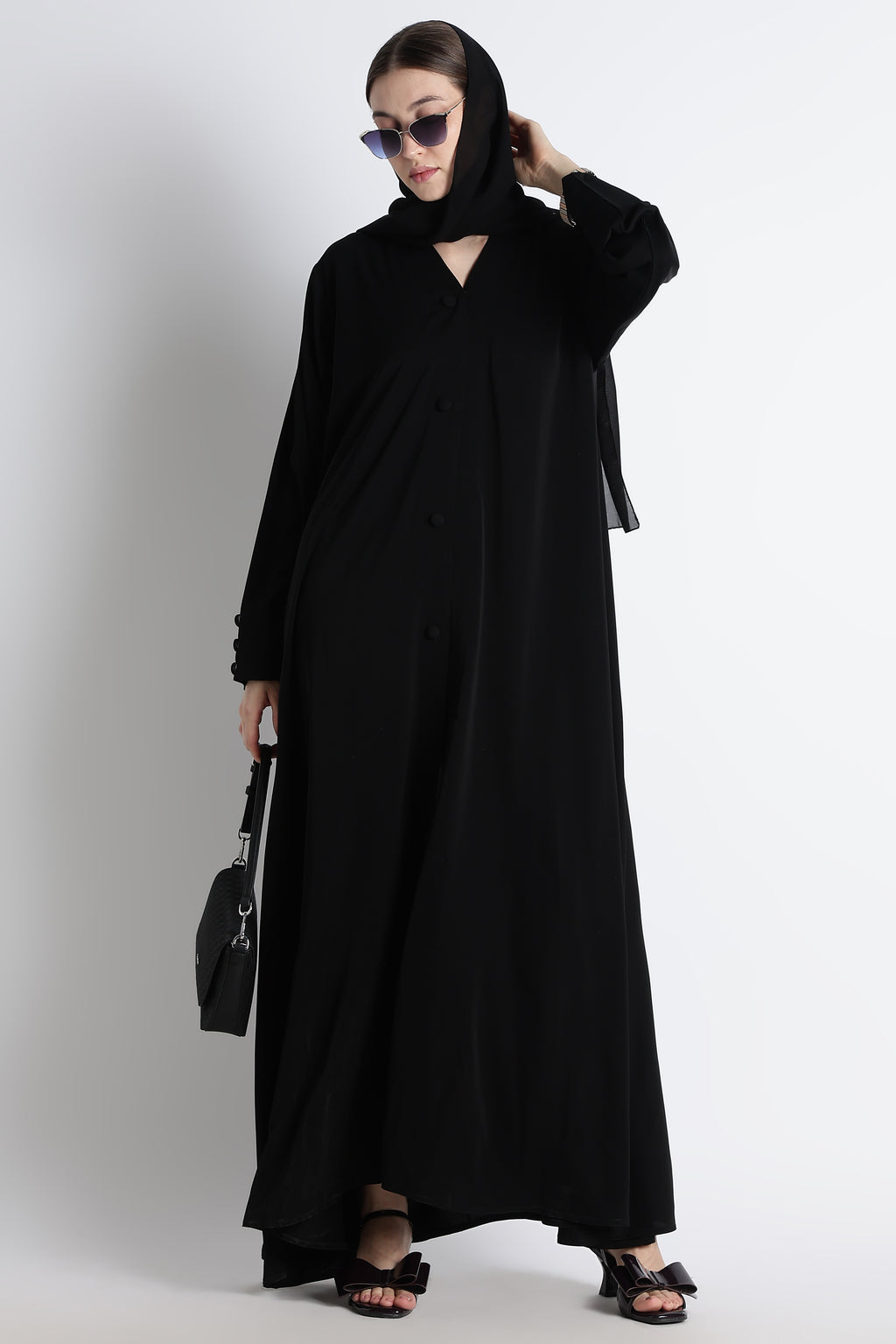 Black Umbrella Abaya with Fabric Buttons – Premium Nida Elegant Flowy Abaya