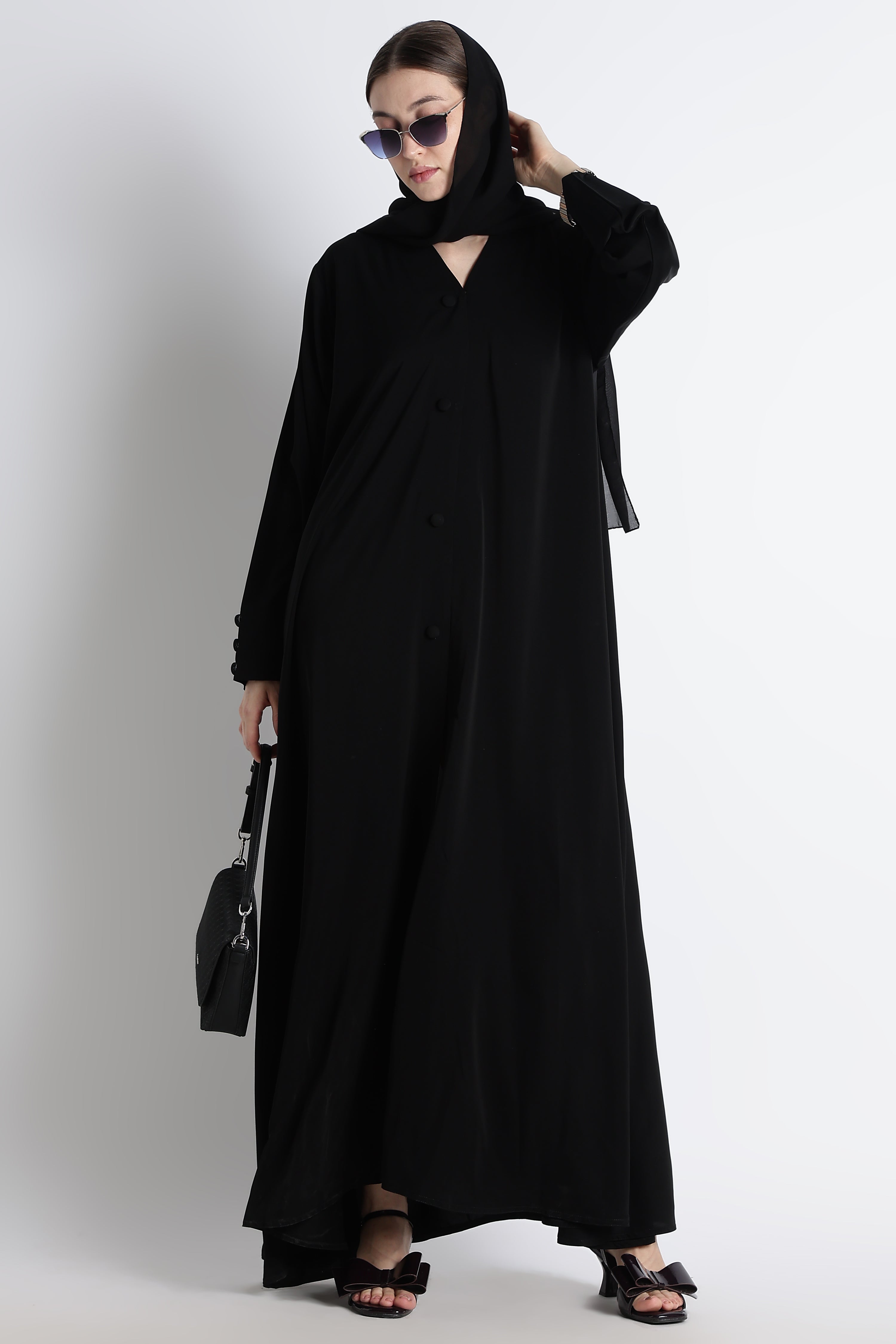 Black Umbrella Abaya with Fabric Buttons – Premium Nida Elegant Flowy Abaya