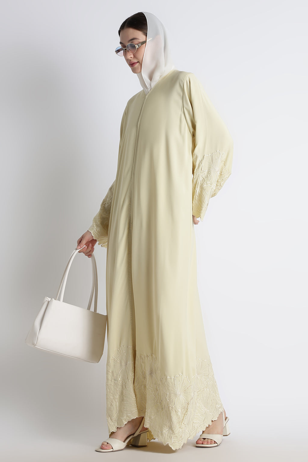 Butter Yellow Self Embroidered Abaya with Cutwork Sleeves & Hem – Premium Korean Nida