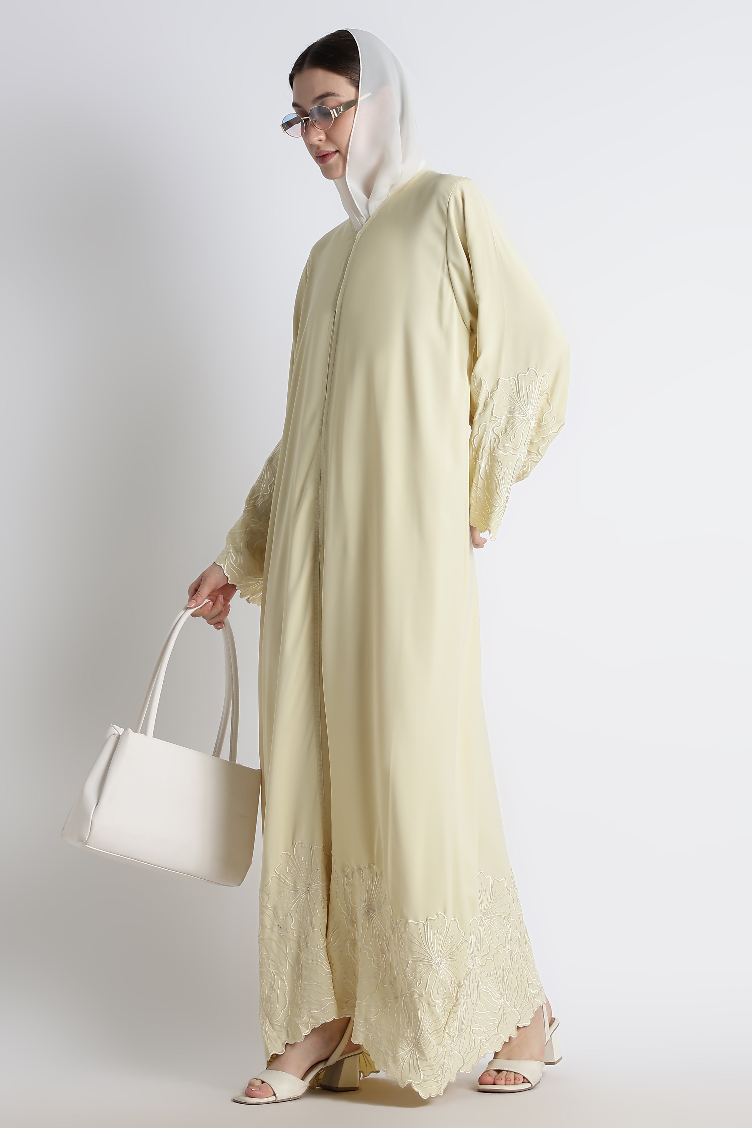 Butter Yellow Self Embroidered Abaya with Cutwork Sleeves & Hem – Premium Korean Nida