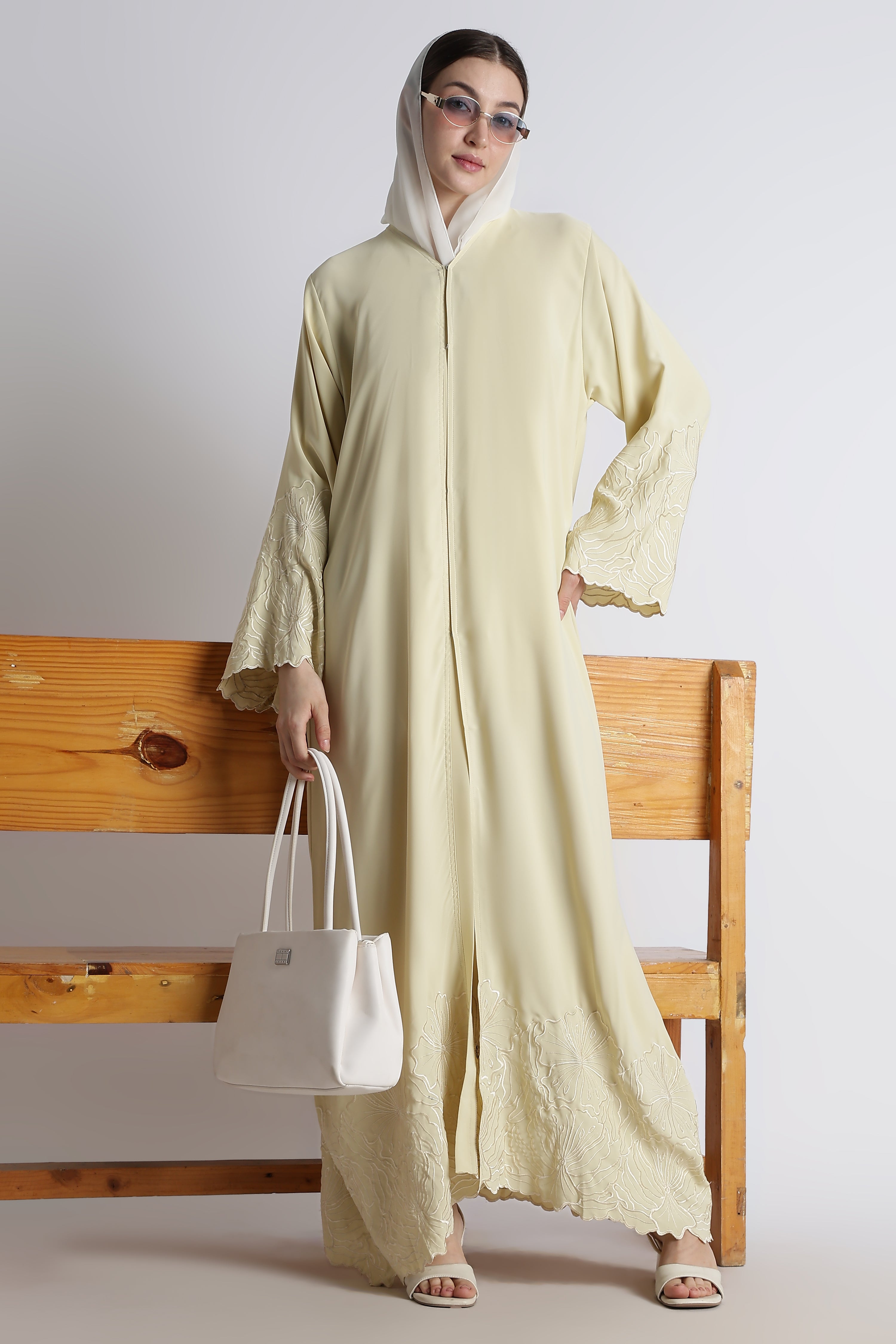 Butter Yellow Self Embroidered Abaya with Cutwork Sleeves & Hem – Premium Korean Nida