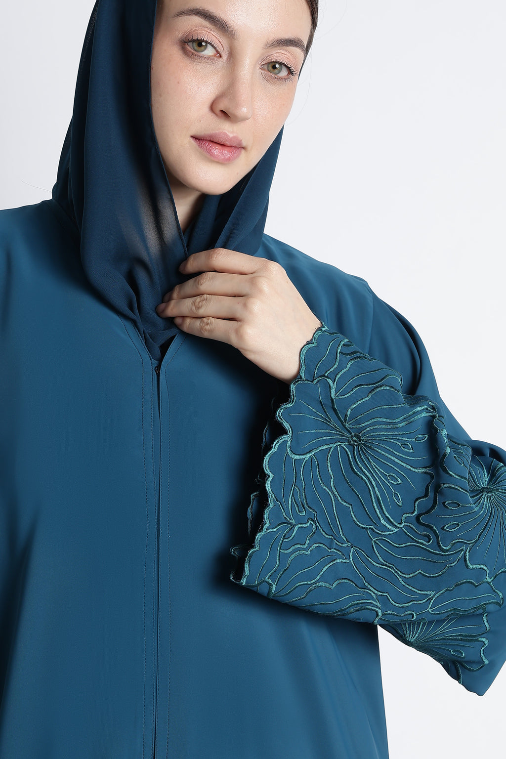 Irani Blue (Firoza) Self Embroidered Abaya with Cutwork Sleeves & Hem – Premium Korean Nida