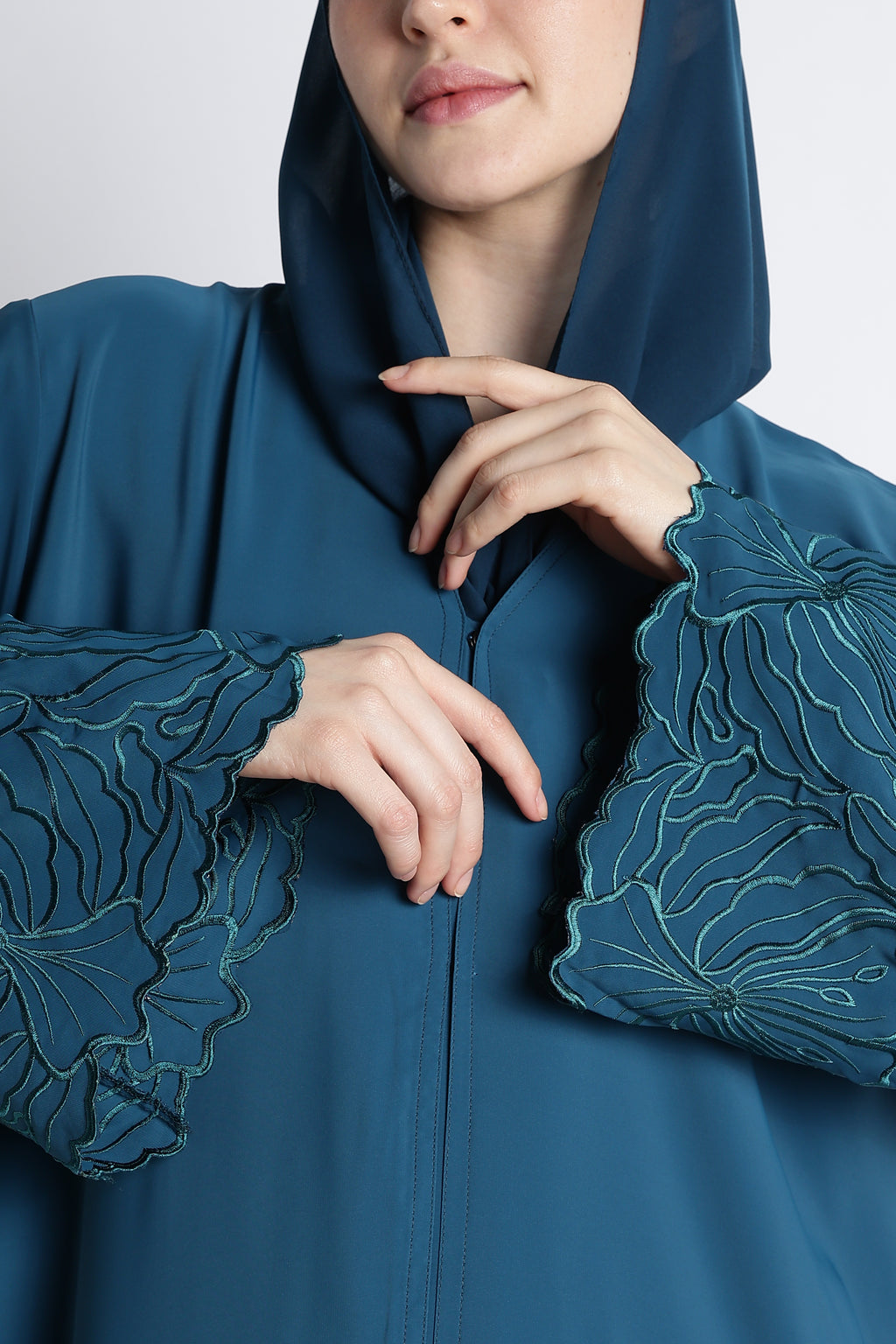 Irani Blue (Firoza) Self Embroidered Abaya with Cutwork Sleeves & Hem – Premium Korean Nida